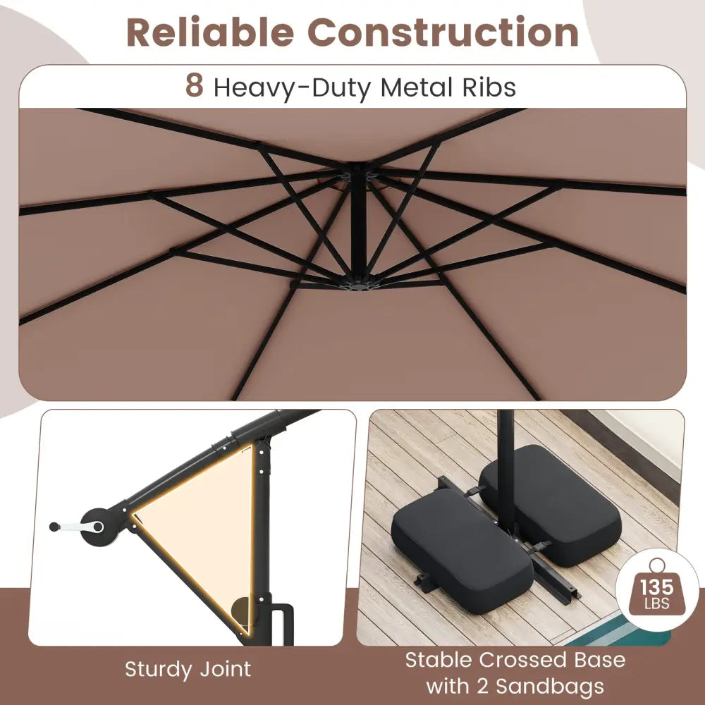 10 Feet Solar Offset Hanging Umbrella with Base and LED Lights-Coffee - Coffee - Outdoor Umbrellas