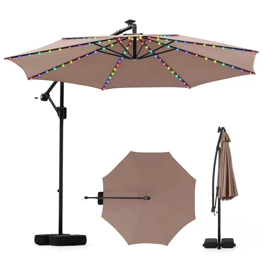 10 Feet Solar Offset Hanging Umbrella with Base and LED Lights-Coffee - Coffee - Outdoor Umbrellas