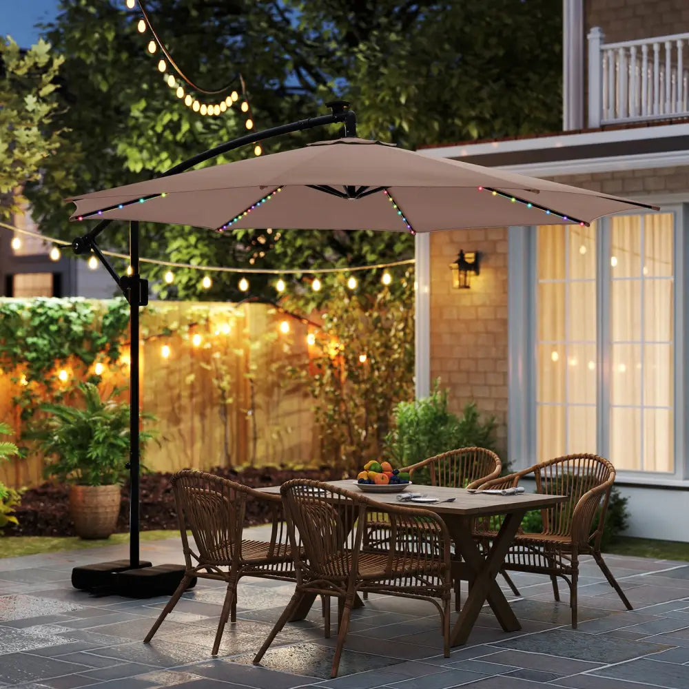 10 Feet Solar Offset Hanging Umbrella with Base and LED Lights-Coffee - Coffee - Outdoor Umbrellas