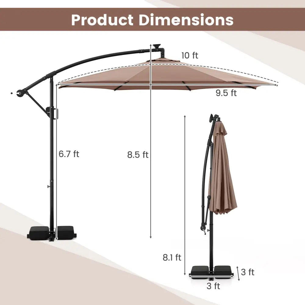 10 Feet Solar Offset Hanging Umbrella with Base and LED Lights-Coffee - Coffee - Outdoor Umbrellas