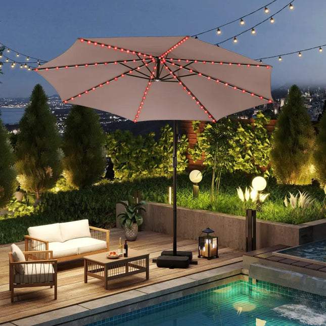 10 Feet Solar Offset Hanging Umbrella with Base and LED Lights-Coffee - Coffee - Outdoor Umbrellas
