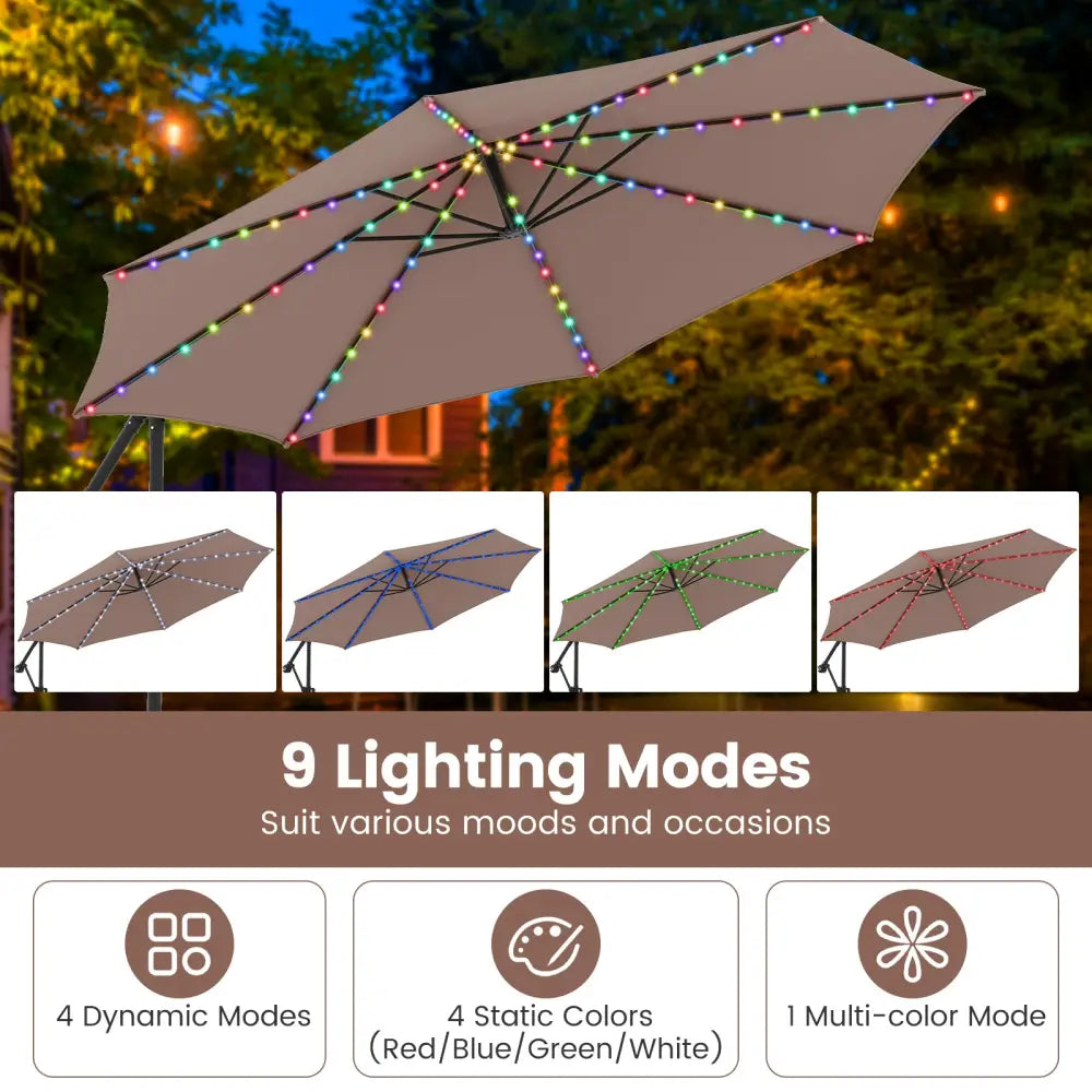 10 Feet Solar Offset Hanging Umbrella with Base and LED Lights-Coffee - Coffee - Outdoor Umbrellas