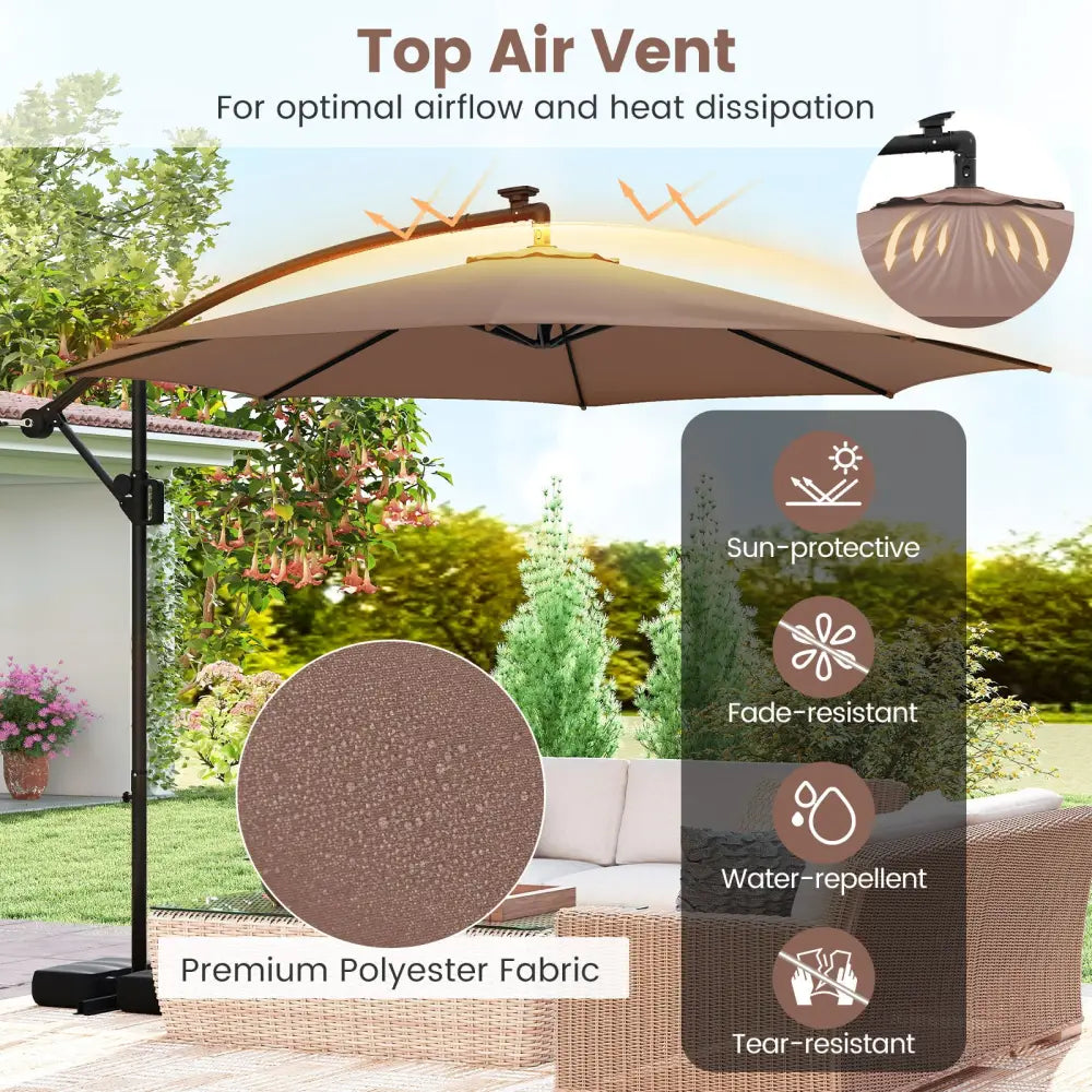 10 Feet Solar Offset Hanging Umbrella with Base and LED Lights-Coffee - Coffee - Outdoor Umbrellas