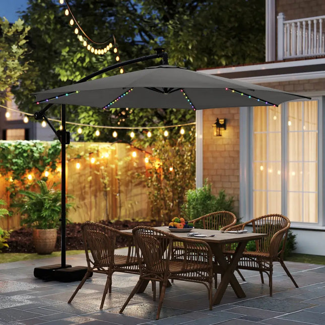 10 Feet Solar Offset Hanging Umbrella with Base and LED Lights-Gray - Gray - Outdoor Umbrellas