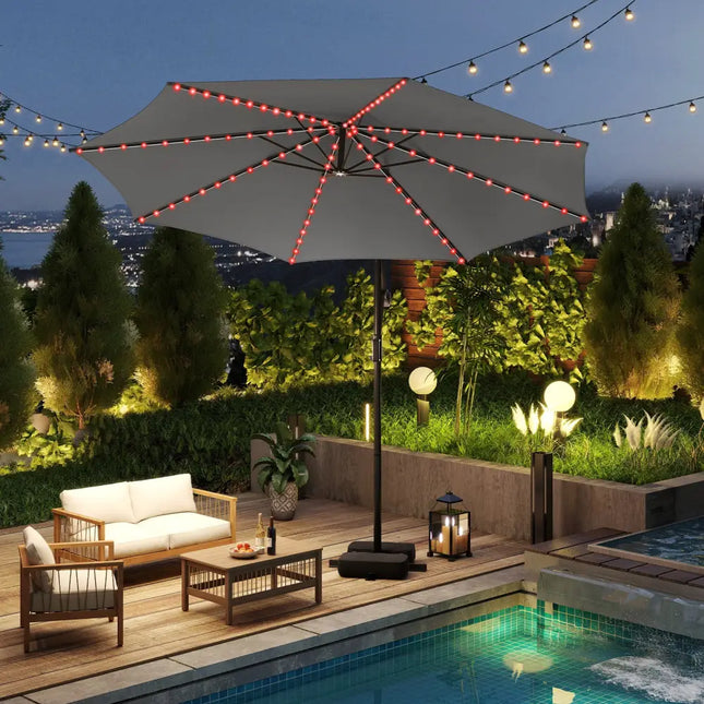10 Feet Solar Offset Hanging Umbrella with Base and LED Lights-Gray - Gray - Outdoor Umbrellas
