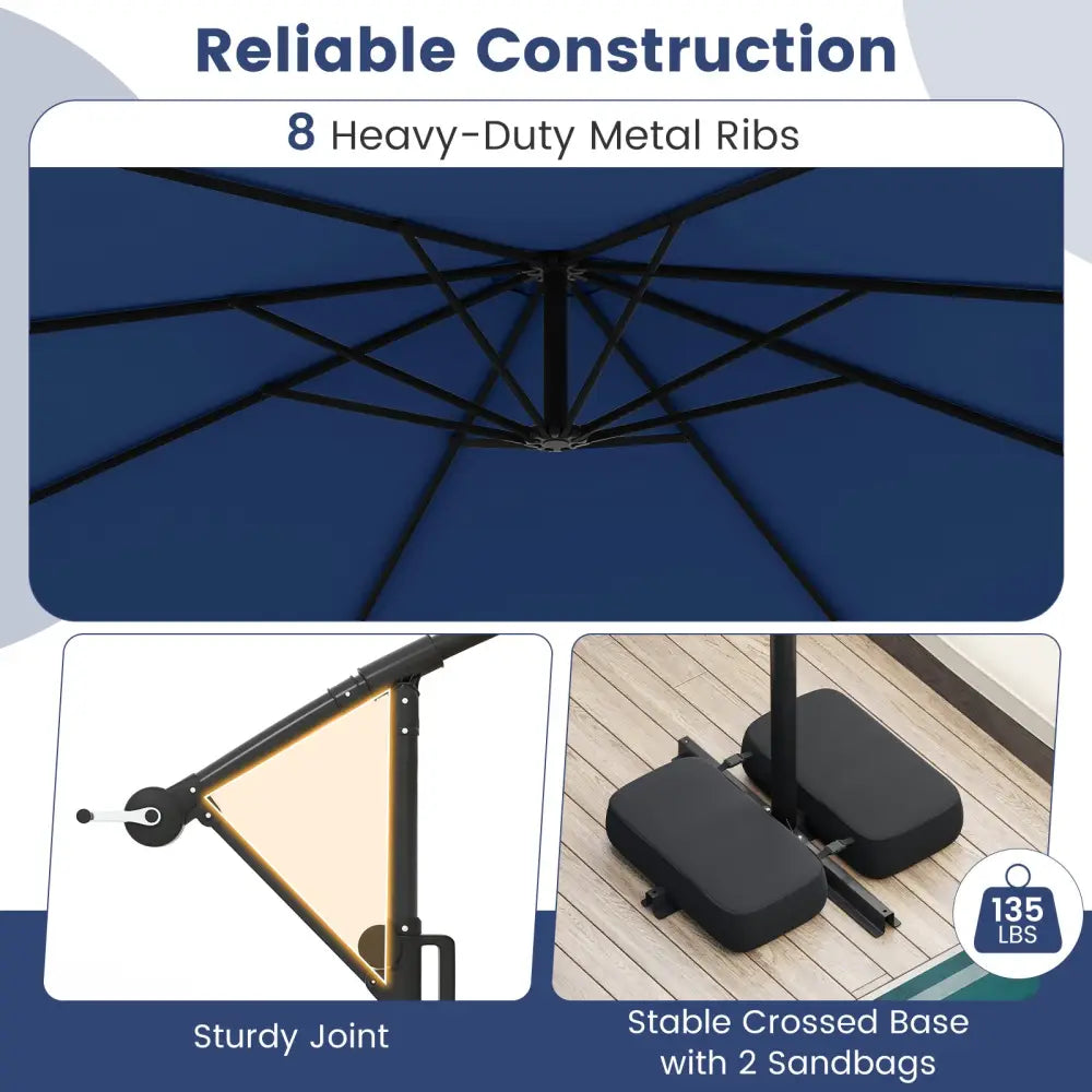 10 Feet Solar Offset Hanging Umbrella with Base and LED Lights-Navy - Navy - Outdoor Umbrellas