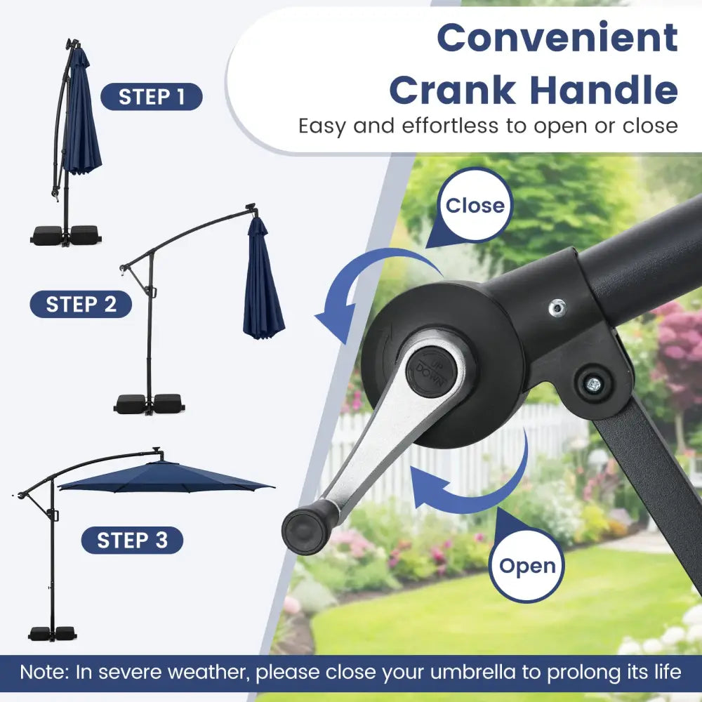 10 Feet Solar Offset Hanging Umbrella with Base and LED Lights-Navy - Navy - Outdoor Umbrellas