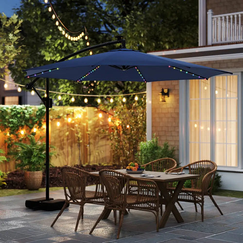10 Feet Solar Offset Hanging Umbrella with Base and LED Lights-Navy - Navy - Outdoor Umbrellas