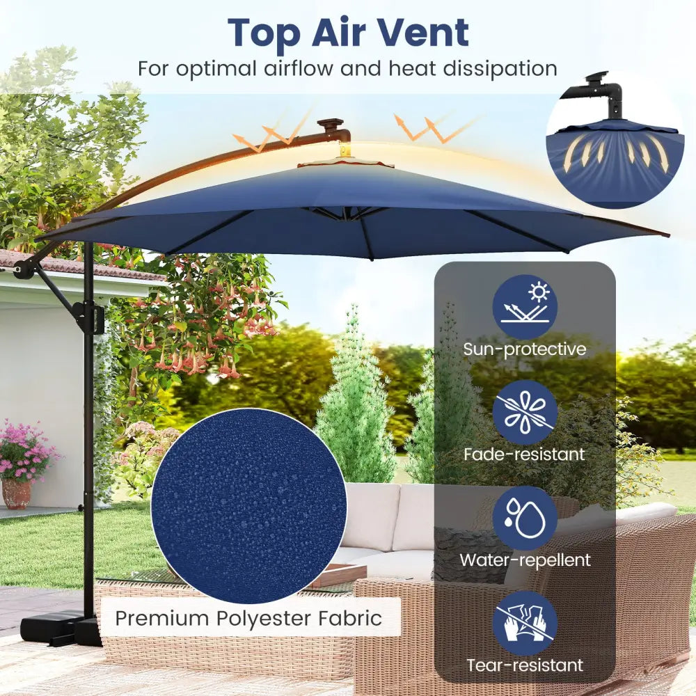 10 Feet Solar Offset Hanging Umbrella with Base and LED Lights-Navy - Navy - Outdoor Umbrellas