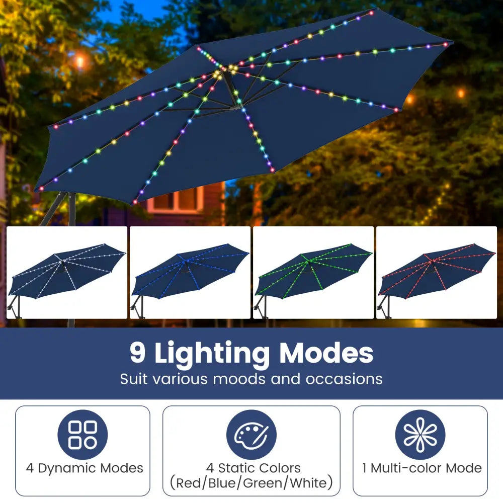 10 Feet Solar Offset Hanging Umbrella with Base and LED Lights-Navy - Navy - Outdoor Umbrellas