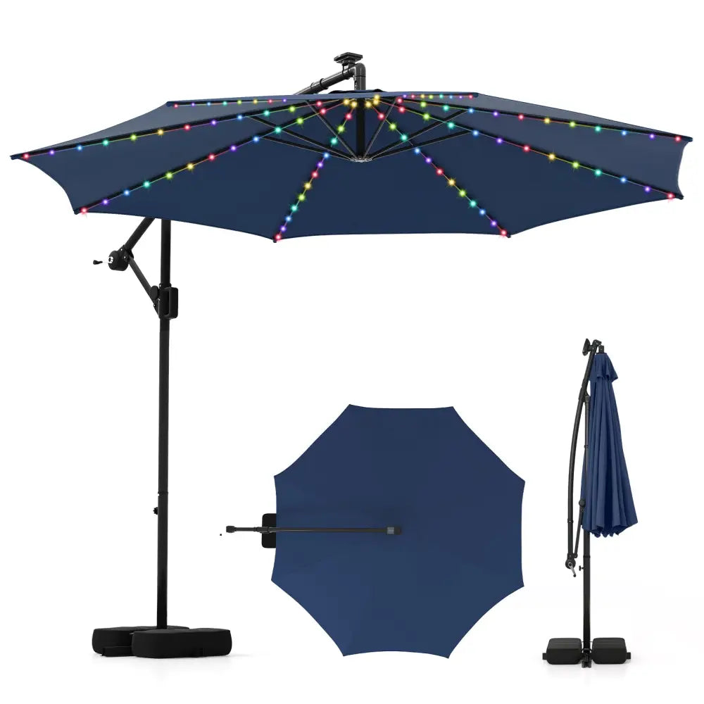 10 Feet Solar Offset Hanging Umbrella with Base and LED Lights-Navy - Navy - Outdoor Umbrellas