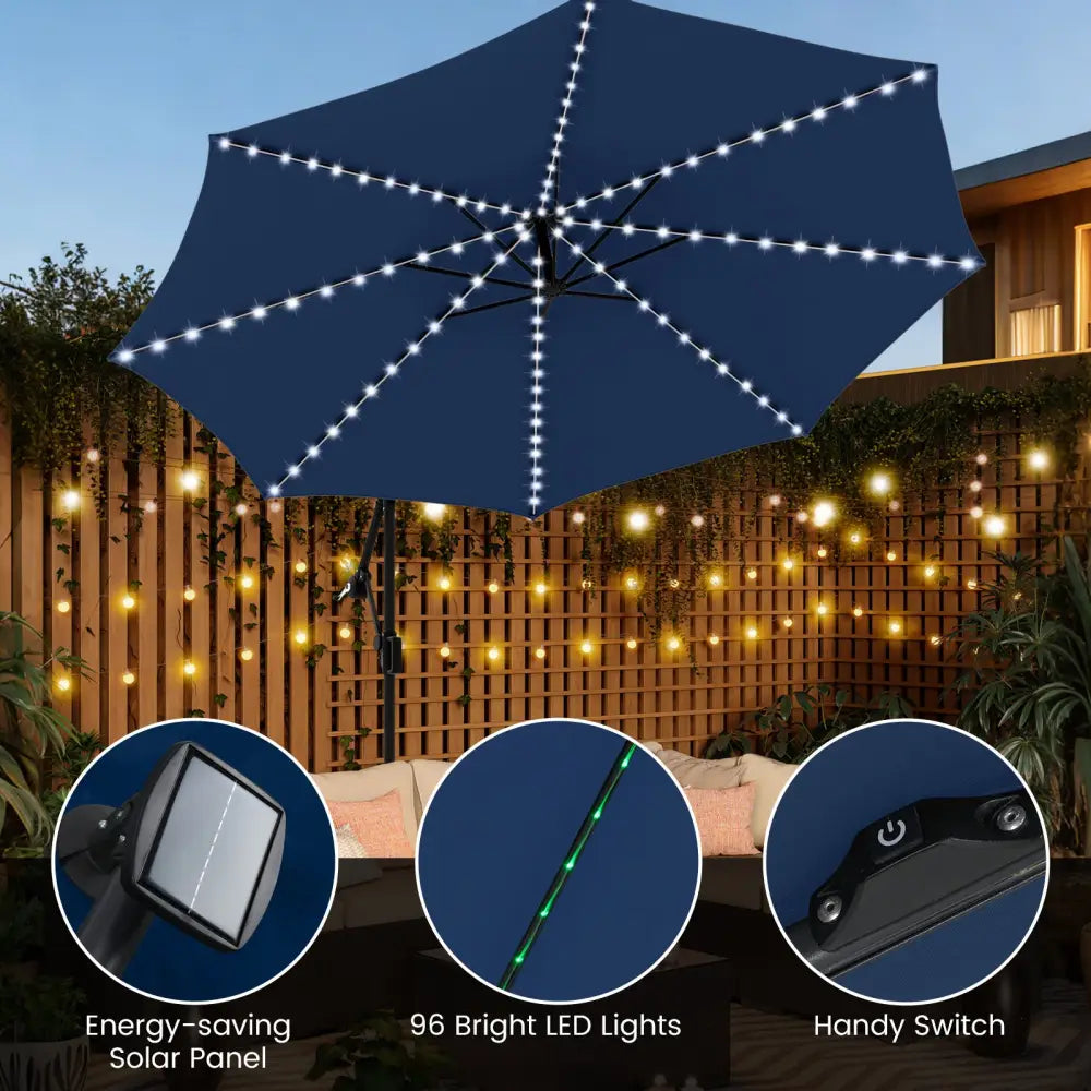 10 Feet Solar Offset Hanging Umbrella with Base and LED Lights-Navy - Navy - Outdoor Umbrellas