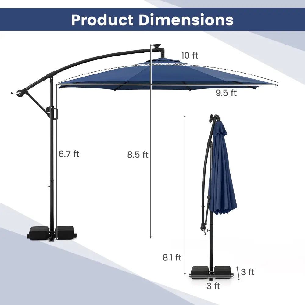 10 Feet Solar Offset Hanging Umbrella with Base and LED Lights-Navy - Navy - Outdoor Umbrellas