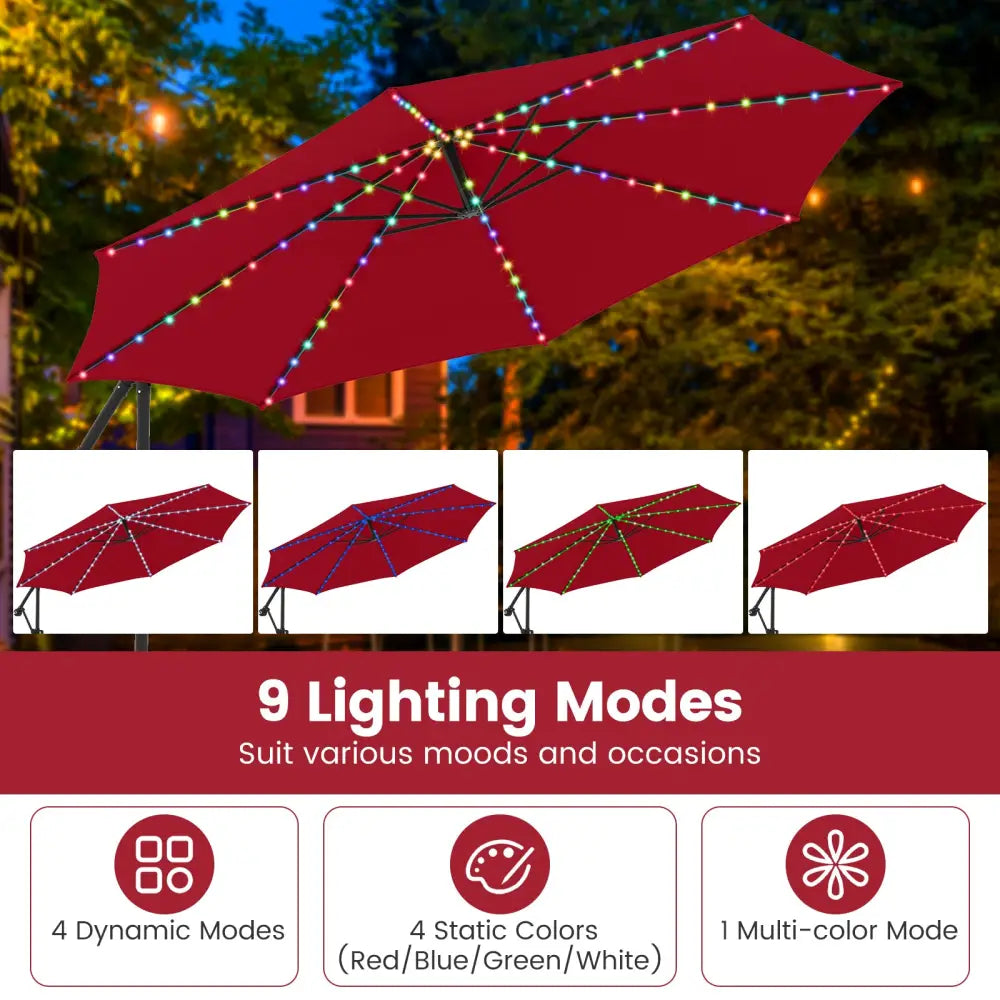 10 Feet Solar Offset Hanging Umbrella with Base and LED Lights-Red - Red - Outdoor Umbrellas
