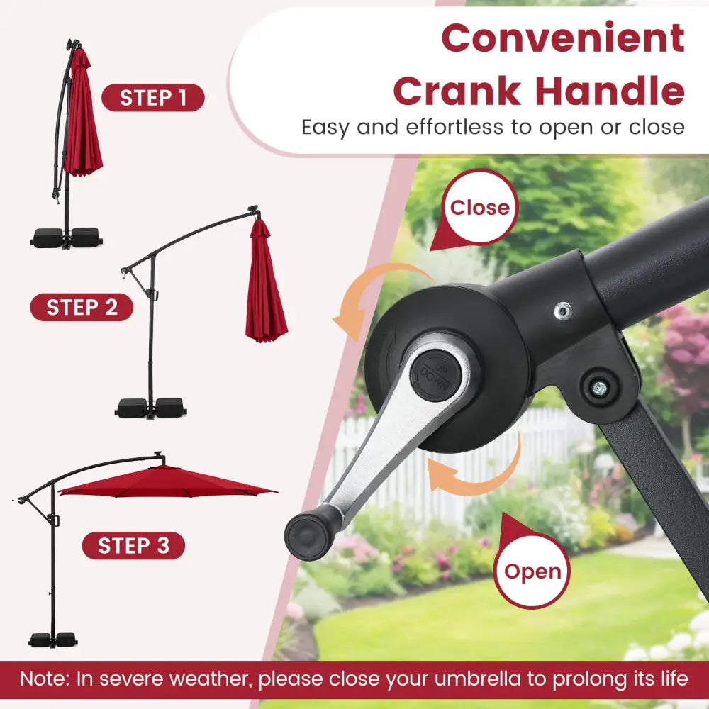 10 Feet Solar Offset Hanging Umbrella with Base and LED Lights-Red - Red - Outdoor Umbrellas