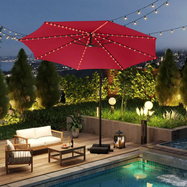 10 Feet Solar Offset Hanging Umbrella with Base and LED Lights-Red - Red - Outdoor Umbrellas
