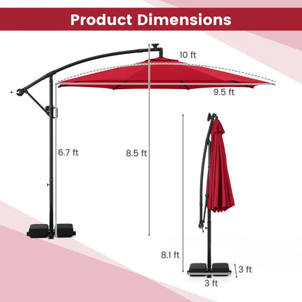 10 Feet Solar Offset Hanging Umbrella with Base and LED Lights-Red - Red - Outdoor Umbrellas