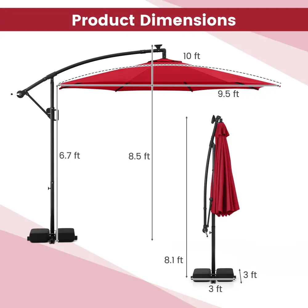 10 Feet Solar Offset Hanging Umbrella with Base and LED Lights-Red - Red - Outdoor Umbrellas