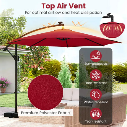 10 Feet Solar Offset Hanging Umbrella with Base and LED Lights-Red - Red - Outdoor Umbrellas