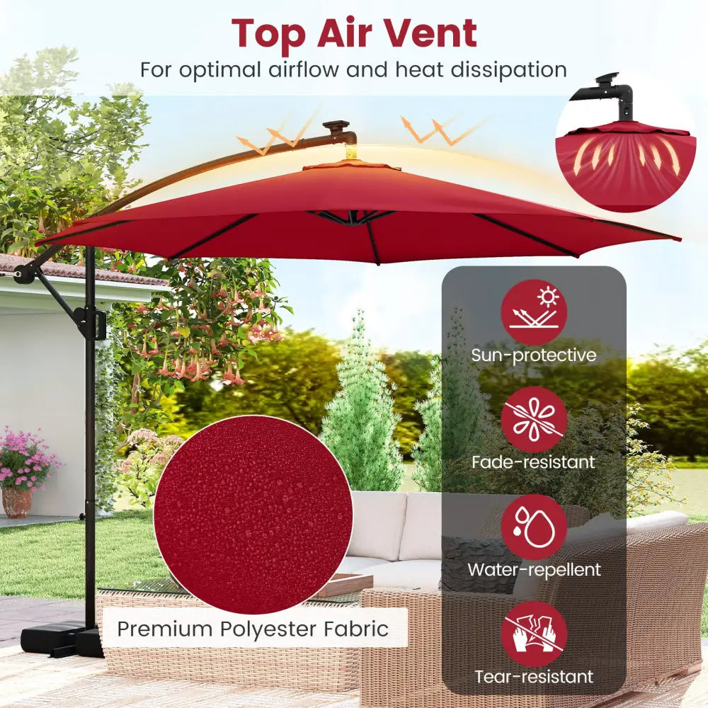 10 Feet Solar Offset Hanging Umbrella with Base and LED Lights-Red - Red - Outdoor Umbrellas