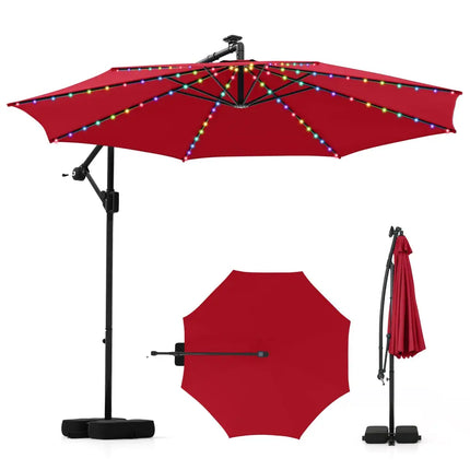10 Feet Solar Offset Hanging Umbrella with Base and LED Lights-Red - Red - Outdoor Umbrellas