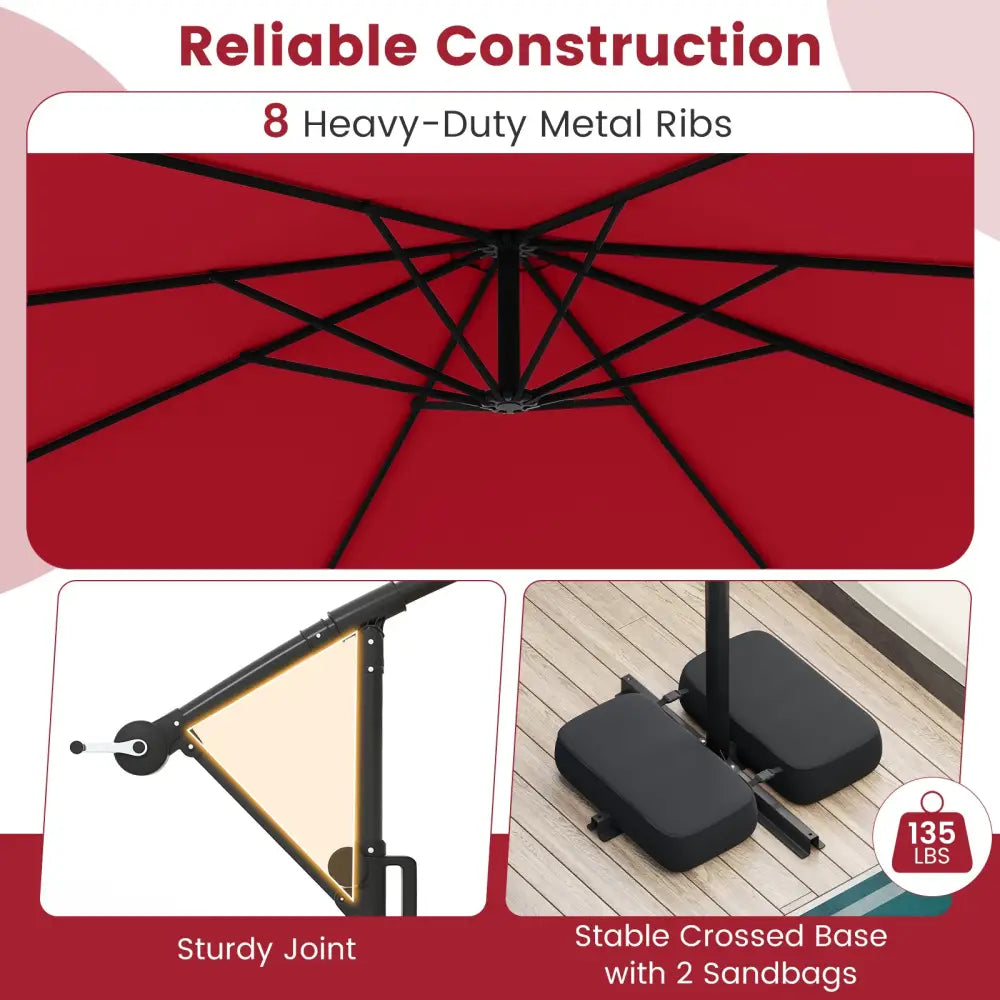 10 Feet Solar Offset Hanging Umbrella with Base and LED Lights-Red - Red - Outdoor Umbrellas