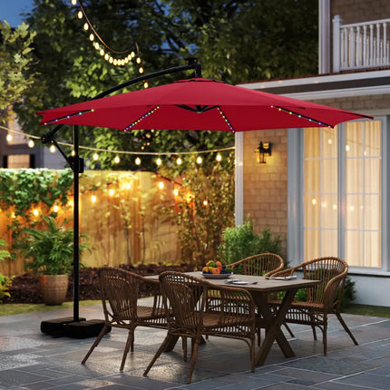 10 Feet Solar Offset Hanging Umbrella with Base and LED Lights-Red - Red - Outdoor Umbrellas