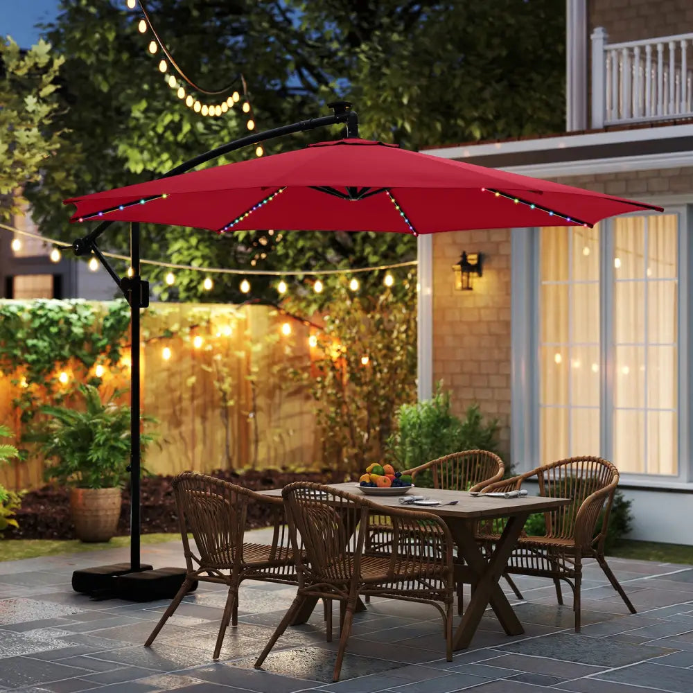 10 Feet Solar Offset Hanging Umbrella with Base and LED Lights-Red - Red - Outdoor Umbrellas