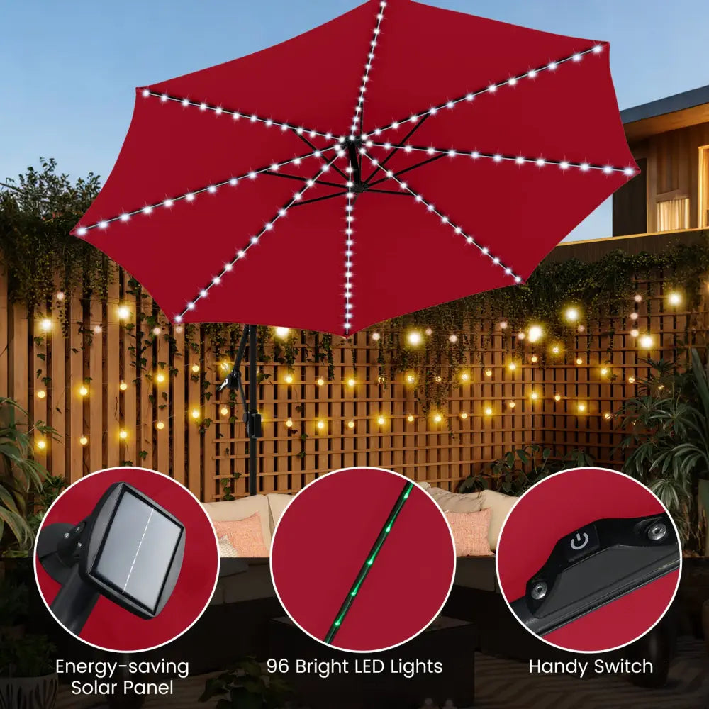 10 Feet Solar Offset Hanging Umbrella with Base and LED Lights-Red - Red - Outdoor Umbrellas