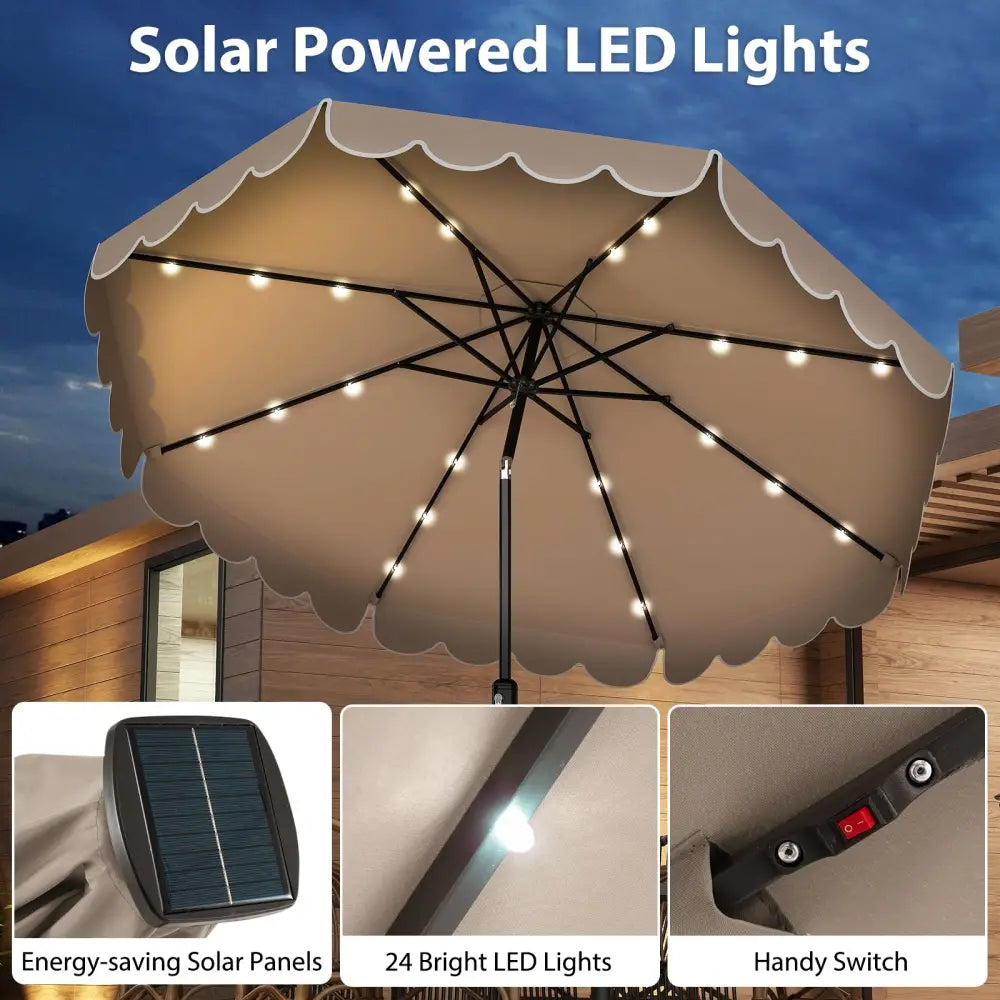 10 Feet Solar Patio Umbrella with 24 LED Lights-Coffee - Coffee - Outdoor Umbrellas