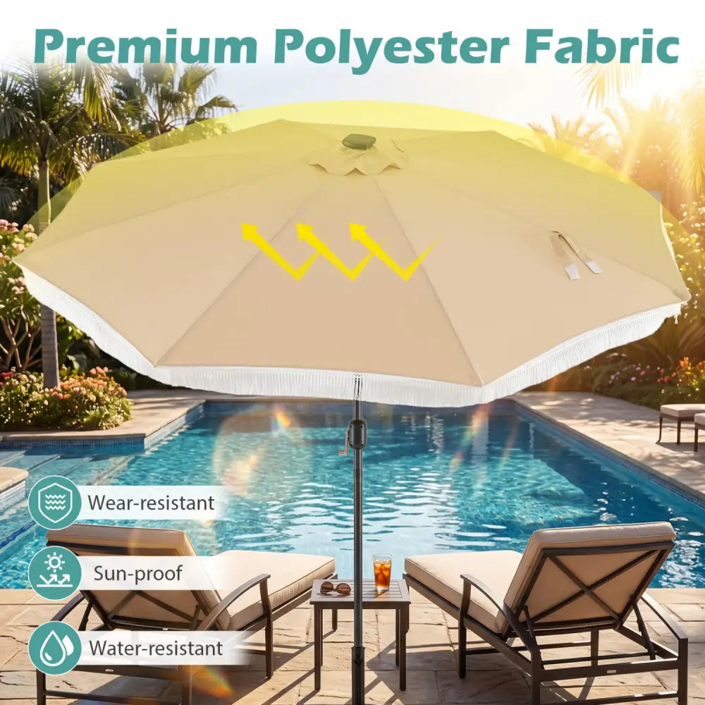 10 Feet Solar Patio Umbrella with 24 LED Lights for Yard-Beige - Beige - Outdoor Umbrellas