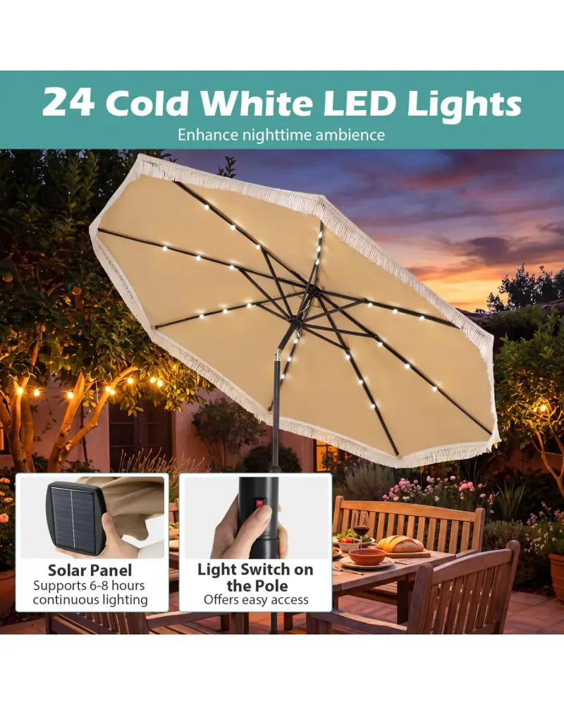 10 Feet Solar Patio Umbrella with 24 LED Lights for Yard-Beige - Beige - Outdoor Umbrellas