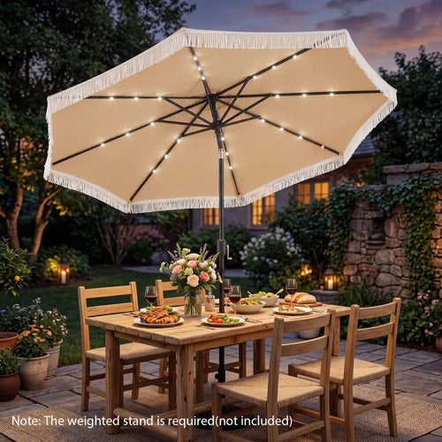 10 Feet Solar Patio Umbrella with 24 LED Lights for Yard-Beige - Beige - Outdoor Umbrellas