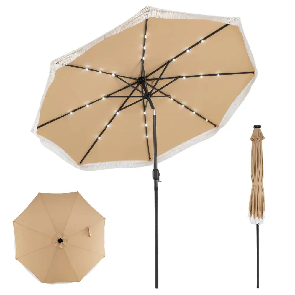 10 Feet Solar Patio Umbrella with 24 LED Lights for Yard-Beige - Beige - Outdoor Umbrellas