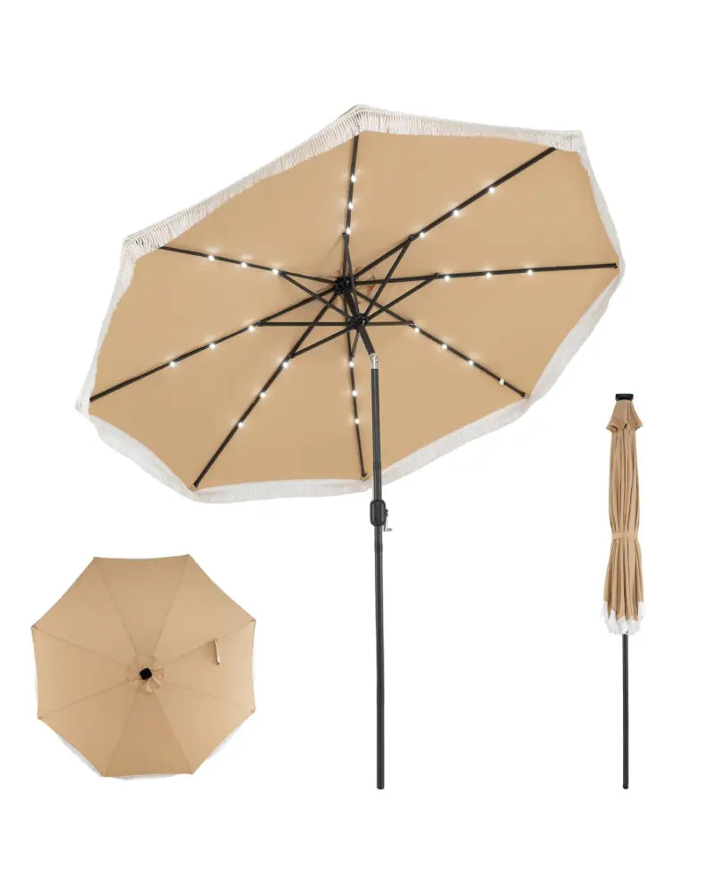 10 Feet Solar Patio Umbrella with 24 LED Lights for Yard-Beige - Beige - Outdoor Umbrellas