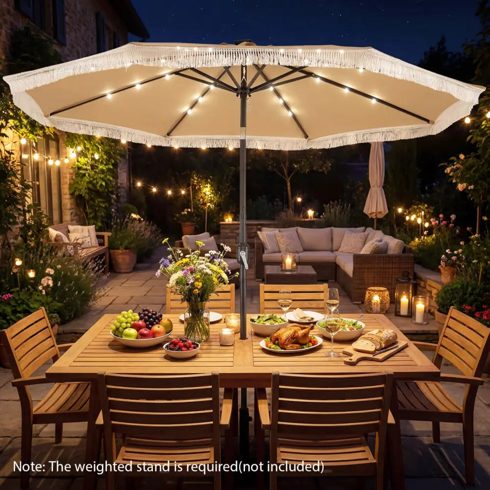 10 Feet Solar Patio Umbrella with 24 LED Lights for Yard-Beige - Beige - Outdoor Umbrellas