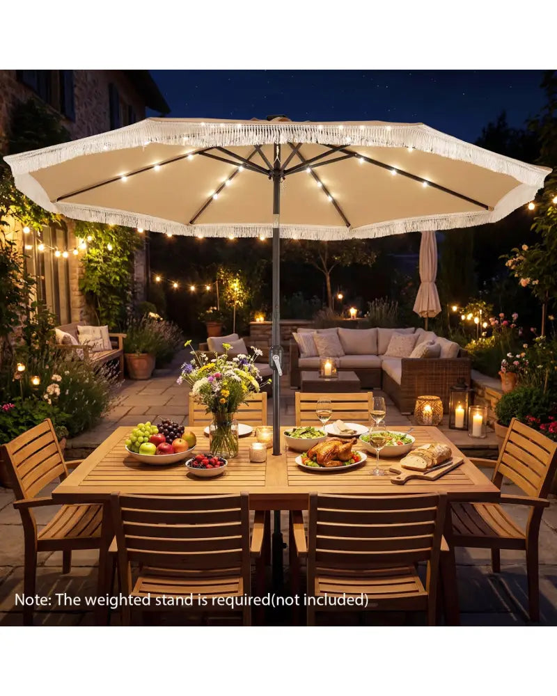 10 Feet Solar Patio Umbrella with 24 LED Lights for Yard-Beige - Beige - Outdoor Umbrellas