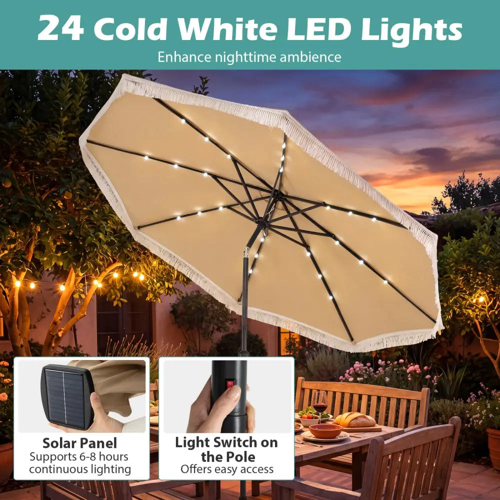 10 Feet Solar Patio Umbrella with 24 LED Lights for Yard-Beige - Beige - Outdoor Umbrellas
