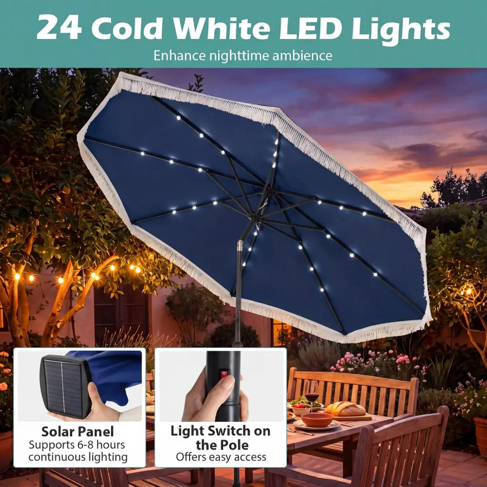 10 Feet Solar Patio Umbrella with 24 LED Lights for Yard-Navy - Navy - Outdoor Umbrellas