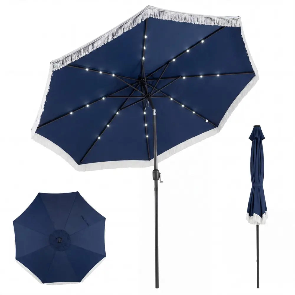 10 Feet Solar Patio Umbrella with 24 LED Lights for Yard-Navy - Navy - Outdoor Umbrellas