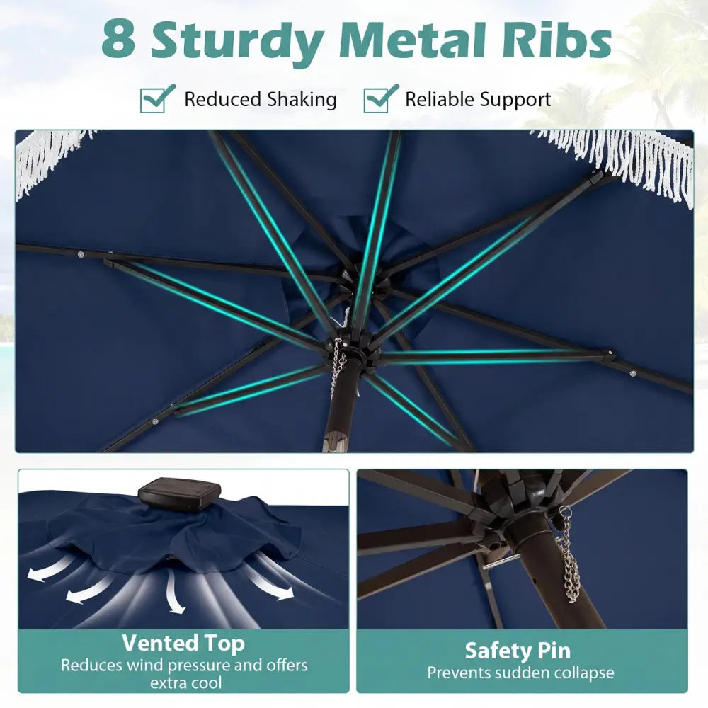 10 Feet Solar Patio Umbrella with 24 LED Lights for Yard-Navy - Navy - Outdoor Umbrellas