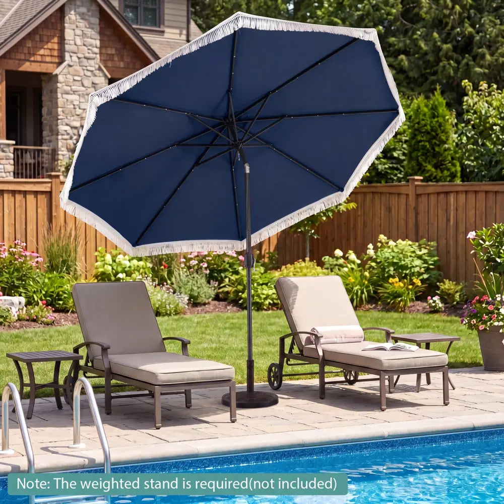 10 Feet Solar Patio Umbrella with 24 LED Lights for Yard-Navy - Navy - Outdoor Umbrellas