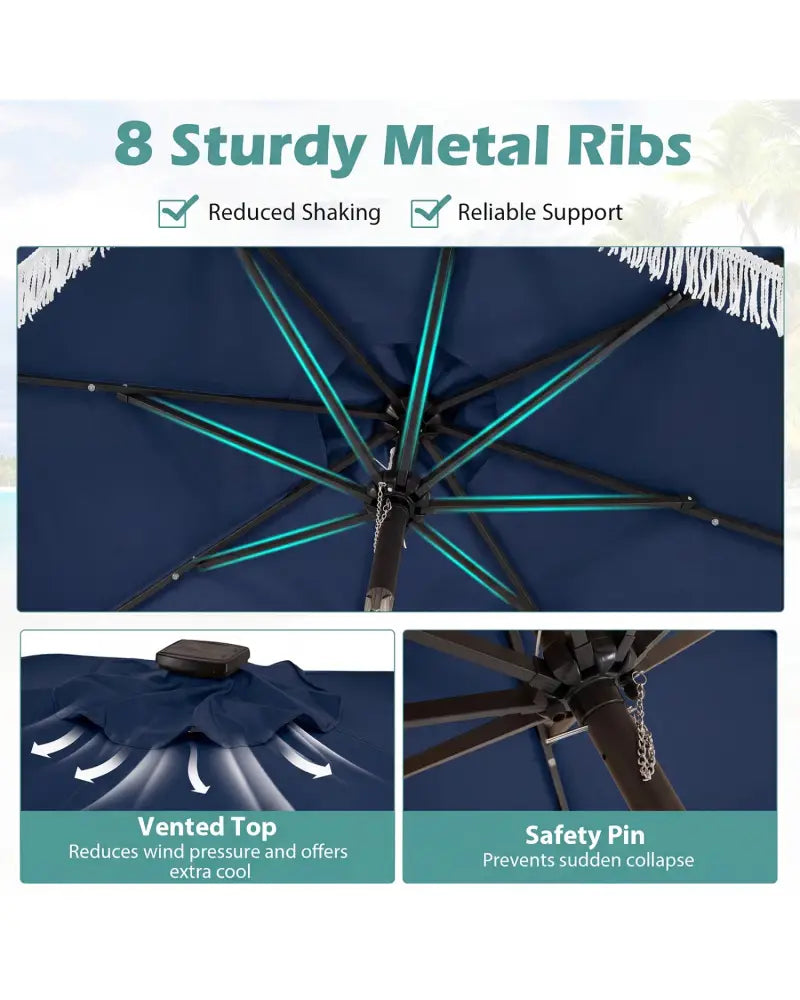 10 Feet Solar Patio Umbrella with 24 LED Lights for Yard-Navy - Navy - Outdoor Umbrellas