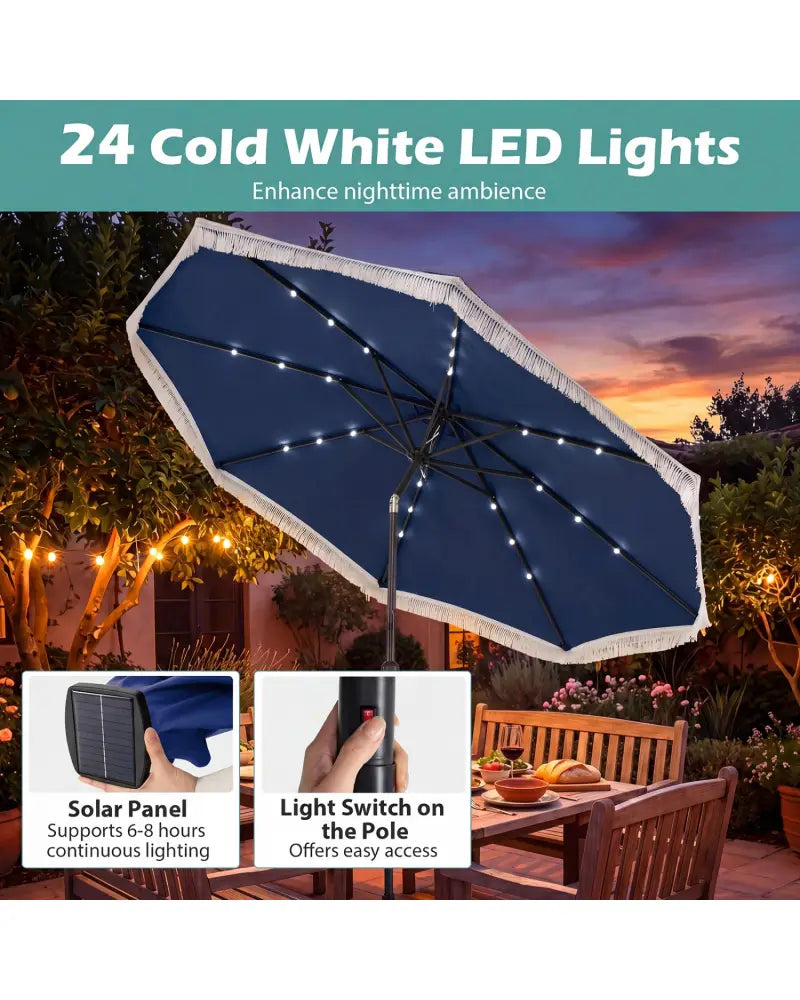 10 Feet Solar Patio Umbrella with 24 LED Lights for Yard-Navy - Navy - Outdoor Umbrellas
