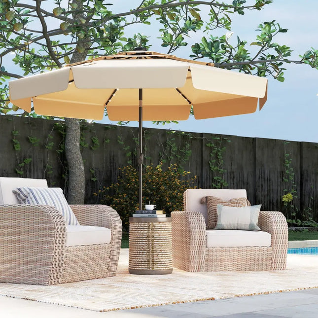 10 Feet Solar Patio Umbrella with 3-Tier Vented Top-Beige - Beige - Outdoor Umbrellas
