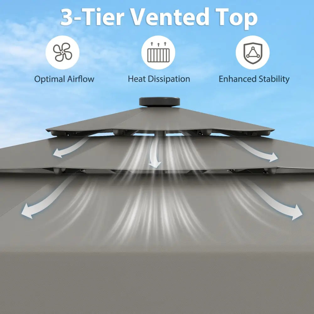 10 Feet Solar Patio Umbrella with 3-Tier Vented Top-Gray - Gray - Outdoor Umbrellas