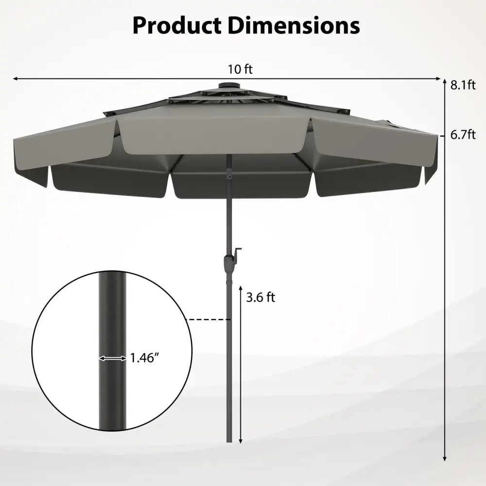 10 Feet Solar Patio Umbrella with 3-Tier Vented Top-Gray - Gray - Outdoor Umbrellas