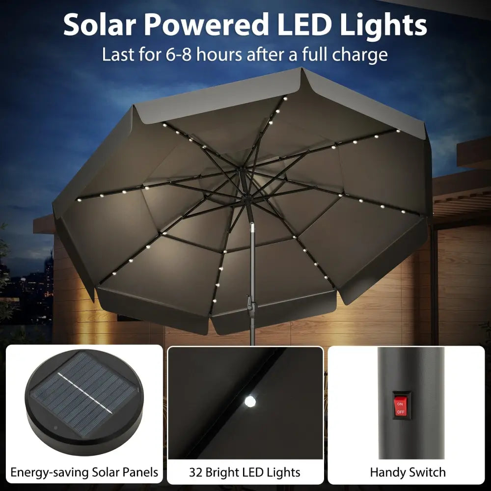 10 Feet Solar Patio Umbrella with 3-Tier Vented Top-Gray - Gray - Outdoor Umbrellas
