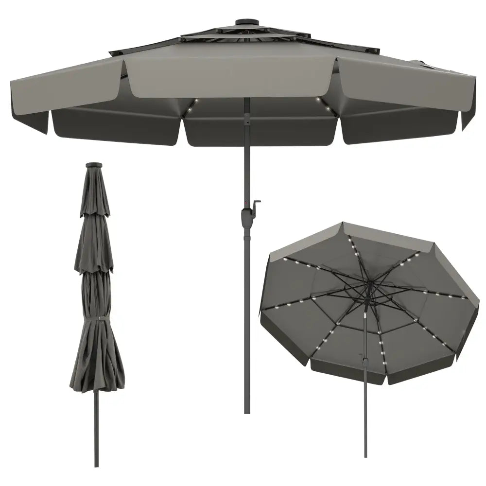 10 Feet Solar Patio Umbrella with 3-Tier Vented Top-Gray - Gray - Outdoor Umbrellas
