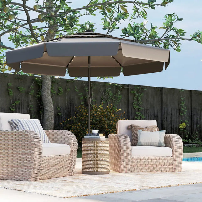 10 Feet Solar Patio Umbrella with 3-Tier Vented Top-Gray - Gray - Outdoor Umbrellas